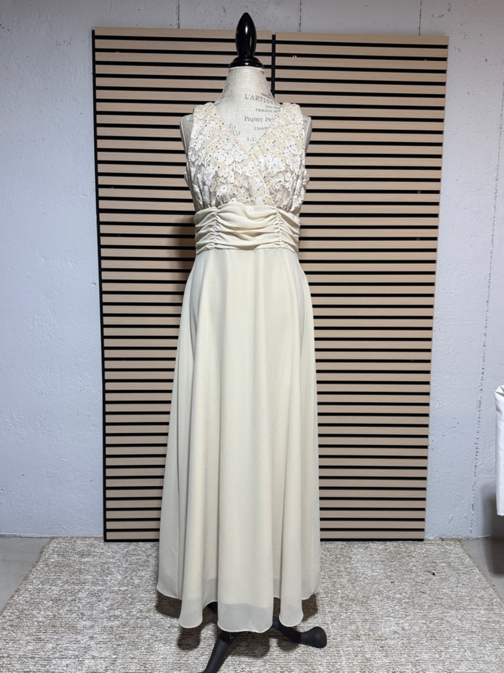 R&M Richards Ivory Lace Bodice Maxi Dress with Ruched Waist